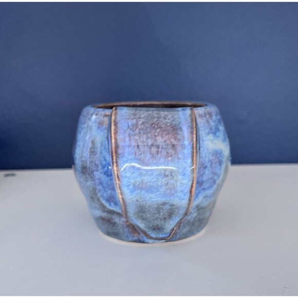 Studio Art Blue Drip Glaze Pottery Mug Artist Signed High Gloss Wide Handle - Picture 3 of 7